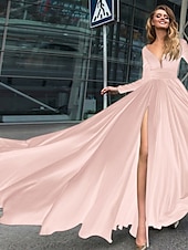 abordables NOIR-Robe de soirée A-Line robe empire noire invité de mariage longueur de sol manches longues col en V chiffon dos en V avec fente robe de masquerade couleur pure pour impressionner 2025