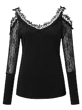 baratos Tops sensuais femininos-Mulheres Camisa de renda Camiseta Saindo tops Camiseta Borgonha Tecido Básico Manga Longa Decote V Ombro a Ombro Tops regulares Casual Final de semana Renda Com Corte Preto Vinho Azul Outono &amp; inverno