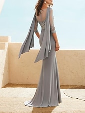 abordables Largo del piso-Vestido ajustado Madre de la novia Invitada de boda Elegante talla grande Cuello joya Largo hasta el suelo Chifón Encaje Media manga con apliques y fruncidos talla personalizada gratis
