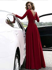 abordables NOIR-Robe de soirée A-Line robe empire noire invité de mariage longueur de sol manches longues col en V chiffon dos en V avec fente robe de masquerade couleur pure pour impressionner 2025