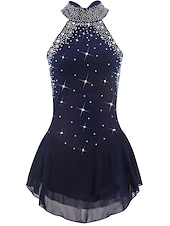 cheap Figure Skating Dresses-Figure Skating Dress Women&#039;s Girls&#039; Ice Skating Dress Outfits Dark Navy Open Back Mesh Spandex High Elasticity Training Practice Professional Skating Wear Handmade Crystal / Rhinestone Sleeveless Ice