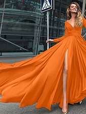abordables NOIR-Robe de soirée A-Line robe empire noire invité de mariage longueur de sol manches longues col en V chiffon dos en V avec fente robe de masquerade couleur pure pour impressionner 2025