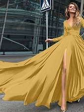 abordables NOIR-Robe de soirée A-Line robe empire noire invité de mariage longueur de sol manches longues col en V chiffon dos en V avec fente robe de masquerade couleur pure pour impressionner 2025