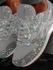 cheap Women's Sneakers-Women's Silver Glitter Sneakers with Rhinestone Embellishments, Lace-Up Low-Top Mesh Fashion Sneakers, Flat Sole Shoes for Fashion-Forward Women, Party, Casual Streetwear &amp; Evening Events