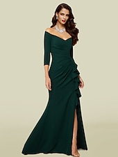 abordables Longueur du plancher-Robe mère de la mariée sirène invitée de mariage élégante sexy décolletée en V traîne courte tissu extensible manches 3/4 avec drapé et fente avant taille personnalisée gratuite