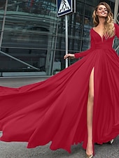 abordables NOIR-Robe de soirée A-Line robe empire noire invité de mariage longueur de sol manches longues col en V chiffon dos en V avec fente robe de masquerade couleur pure pour impressionner 2025