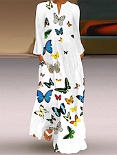 cheap Art&amp;Design Dress-Women&#039;s Maxi Dress  Shift Dress Swing Dress Long Dress Green Blue Grey White Black Long Sleeve Feather Butterfly Pocket Print Summer Spring V Neck Stylish Casual Dress 2023 S M L XL XXL XXXL 4XL 5XL
