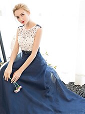 economico Abiti per le feste-Abito Elegante A-Line Invitate a Matrimoni Prom Lunghezza a Terra Senza Maniche Collo Illusione Tulle su Pizzo con Perlina