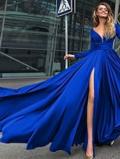 abordables NOIR-Robe de soirée A-Line robe empire noire invité de mariage longueur de sol manches longues col en V chiffon dos en V avec fente robe de masquerade couleur pure pour impressionner 2025