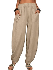 abordables Bas-Femmes Pantalon d'été 100% Coton Pantalons Amples Pantalon sarouel Confort Longueur cheville Naturel Couleur Unie Avec Poches Taille Élastique Décontracté Kaki Noir Blanche Vert Véronèse Ét