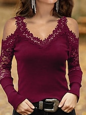 baratos Tops sensuais femininos-Mulheres Camisa de renda Camiseta Saindo tops Camiseta Borgonha Tecido Básico Manga Longa Decote V Ombro a Ombro Tops regulares Casual Final de semana Renda Com Corte Preto Vinho Azul Outono &amp; inverno