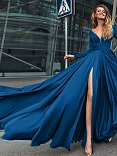 abordables NOIR-Robe de soirée A-Line robe empire noire invité de mariage longueur de sol manches longues col en V chiffon dos en V avec fente robe de masquerade couleur pure pour impressionner 2025