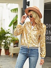 cheap Bomber Jacket-Women&#039;s Bomber Jacket Sparkly Sequins Varsity Jacket Wedding Party Daily Spring Fall Coat Regular Fit Windproof Warm Active Elegant Casual Jacket Long Sleeve Solid Color Sequins Black Blue Gold