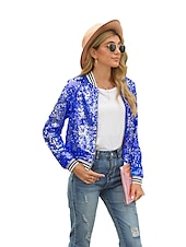 cheap Bomber Jacket-Women&#039;s Bomber Jacket Sparkly Sequins Varsity Jacket Wedding Party Daily Spring Fall Coat Regular Fit Windproof Warm Active Elegant Casual Jacket Long Sleeve Solid Color Sequins Black Blue Gold