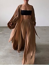 preiswerte Sets-Damen Sexy Boho Hemd Baumwoll-Leinen-Sets Zweiteilige Sets Langarm Puffärmel Einfach Ausgehen Strand Schwarz Weiß Kamel Herbst Winter Lässiger Schnitt