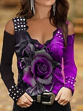 cheap Floral tee-Women&#039;s Plus Size Lace Shirt Going Out Tops Eyelet top Elegant Vintage Daily Floral Butterfly Lace Print Cold Shoulder Long Sleeve Regular Tops V Neck Off Shoulder Party Going out Club Red