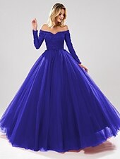 Недорогие Iltapuvut-Ball Gown Evening Gown Sparkle Dress Quinceanera Prom Floor Length Long Sleeve Off Shoulder Tulle with Beading Sequin 2024