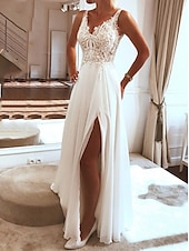preiswerte lässige Brautkleider-Strandhochzeitskleider A-Linie V-Ausschnitt ärmellos bodenlange Chiffon Brautkleider mit Applikationen Split-Front 2025