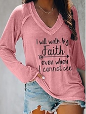 preiswerte Humor &amp; Zitate T-Shirt-Damen T Shirt Text Basic Langarm V Ausschnitt Normale Oberteile Valentinstag Täglich Wochenende Bedruckt Weiß Rosa Blau Grün Grau Herbst Winter