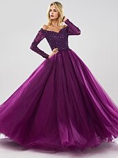 Недорогие Iltapuvut-Ball Gown Evening Gown Sparkle Dress Quinceanera Prom Floor Length Long Sleeve Off Shoulder Tulle with Beading Sequin 2024