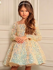 cheap Flower Girl Dresses-Kids Little Girls&#039; Dress Solid Colored A Line Dress Sequins Ruched Yellow Red Knee-length Long Sleeve Cute Sweet Dresses Winter Fall Regular Fit 3-12 Years / Satin