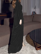 preiswerte GRÜN-Säulen Abendkleid Vintage Kleid Formelles Abendkleid Bodenlänglich Langarm V-Ausschnitt Herbst Hochzeitsgast Samt mit Drapierung Schlitz 2025