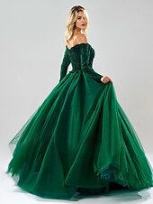 Недорогие Iltapuvut-Ball Gown Evening Gown Sparkle Dress Quinceanera Prom Floor Length Long Sleeve Off Shoulder Tulle with Beading Sequin 2024