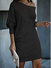 abordables Vestidos de lentejuelas-Vestido de punto asimétrico de un solo hombro para mujer, con brillo plateado, manga tres cuartos, para cóctel, por encima de la rodilla, ropa elegante de invierno semiformal