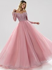 Недорогие Iltapuvut-Ball Gown Evening Gown Sparkle Dress Quinceanera Prom Floor Length Long Sleeve Off Shoulder Tulle with Beading Sequin 2024