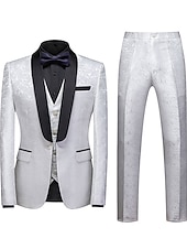 cheap Dinner Party-Men&#039;s Party Tuxedos Sparkle Silver Black Jacquard Tailored Fit 3 Piece Single Breasted One-button