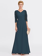 economico Lunghezza del pavimento-ts beach wedding a-line madre della sposa abito da sposa invitata elegante taglie forti trasparente scollo a V lunghezza pavimento chiffon mezza manica con applicazioni drappeggio laterale 2025