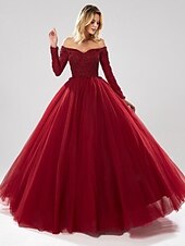 Недорогие Iltapuvut-Ball Gown Evening Gown Sparkle Dress Quinceanera Prom Floor Length Long Sleeve Off Shoulder Tulle with Beading Sequin 2024