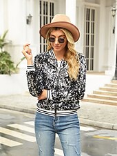 cheap Bomber Jacket-Women&#039;s Bomber Jacket Sparkly Sequins Varsity Jacket Wedding Party Daily Spring Fall Coat Regular Fit Windproof Warm Active Elegant Casual Jacket Long Sleeve Solid Color Sequins Black Blue Gold