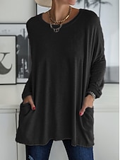 voordelige Tunic Tops-Dames T-shirt Effen Modieus Lange mouw Ronde hals Normale tops Dagelijks Weekend Zak Zwart Wit Blozend Roze Khaki Grijs Lente &amp; Herfst