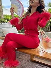 cheap Women&#039;s Loungewear-Women&#039;s Gift Loungewear Pajamas Sets Home Party Valentine&#039;s Day Feather Pure Color Silk Simple Soft Shirt Pant Fall Spring Summer Lapel Long Sleeve Long Pant Buckle Pocket Home Outfits