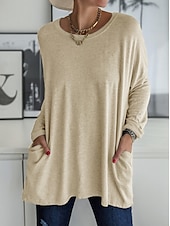 voordelige Tunic Tops-Dames T-shirt Effen Modieus Lange mouw Ronde hals Normale tops Dagelijks Weekend Zak Zwart Wit Blozend Roze Khaki Grijs Lente &amp; Herfst