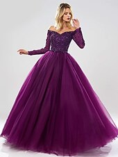 Недорогие Iltapuvut-Ball Gown Evening Gown Sparkle Dress Quinceanera Prom Floor Length Long Sleeve Off Shoulder Tulle with Beading Sequin 2024