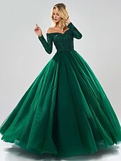 Недорогие Iltapuvut-Ball Gown Evening Gown Sparkle Dress Quinceanera Prom Floor Length Long Sleeve Off Shoulder Tulle with Beading Sequin 2024