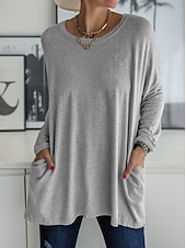 voordelige Tunic Tops-Dames T-shirt Effen Modieus Lange mouw Ronde hals Normale tops Dagelijks Weekend Zak Zwart Wit Blozend Roze Khaki Grijs Lente &amp; Herfst