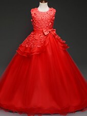 preiswerte Kleider für die Blumenmädchen-kinderkleidung Mädchen Blumenmädchen Kleid Kleid Einfarbig Ärmellos Leistung Hochzeit Party Spitze Rüschen Gitter Kuschelig Prinzessin Polyester Maxi A Linie Kleid Tüll-Kleid Blumenmädchenkleid