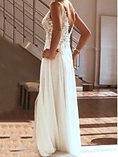 preiswerte lässige Brautkleider-Strandhochzeitskleider A-Linie V-Ausschnitt ärmellos bodenlange Chiffon Brautkleider mit Applikationen Split-Front 2025