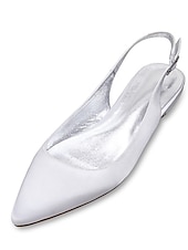 preiswerte Hochzeitsgast-Damen Hochzeitsschuhe Übergrössen Brautschuhe Flacher Absatz Schlaufen Heel Spitze Zehe Minimalismus Satin Schnalle Weiß Elfenbein Silber