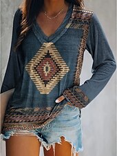cheap Boho tee-Women&#039;s Plus Size T Shirt Tunic Graphic Geometric Vintage Basic Ethnic Long Sleeve V Neck Long Tops Daily Weekend Print Blue Khaki Fall &amp; Winter