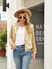 cheap Bomber Jacket-Women&#039;s Bomber Jacket Sparkly Sequins Varsity Jacket Wedding Party Daily Spring Fall Coat Regular Fit Windproof Warm Active Elegant Casual Jacket Long Sleeve Solid Color Sequins Black Blue Gold
