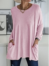 voordelige Tunic Tops-Dames T-shirt Effen Modieus Lange mouw Ronde hals Normale tops Dagelijks Weekend Zak Zwart Wit Blozend Roze Khaki Grijs Lente &amp; Herfst