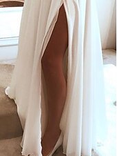 preiswerte lässige Brautkleider-Strandhochzeitskleider A-Linie V-Ausschnitt ärmellos bodenlange Chiffon Brautkleider mit Applikationen Split-Front 2025