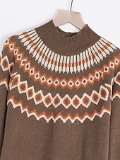 billiga Grafiska mönster och detaljer-Dam Tröja Hoppare Stickat Mönster Geometrisk Stylish Grundläggande Ledigt Långärmad Normal Tröja koftor Rund hals Höst Vår Blå Grå Kaki / Helgdag