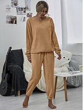 cheap Women&#039;s Sleepwear-Women&#039;s Pink Fleece Pajamas Nighty Pjs Sets 2 Pieces Pure Color Sport Simple Comfort Party Home Street Warm Gift Long Sleeve Hoodie Pant Elastic Waistband Winter Fall Home Outfits