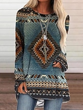 cheap Boho Tops-Women&#039;s Tunic Boho T-shirt T Shirt Graphic Plaid Color Block Vintage Ethnic Boho Long Sleeve Round Neck Regular Tops Casual Daily Going out Print Light Blue Fall &amp; Winter