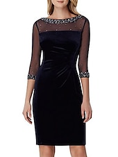 cheap Tea Length-Sheath Cocktail Dresses Black Dress Wedding Guest Cocktail Party Knee Length 3/4 Length Sleeve Illusion Neck Fall Wedding Guest Stretch Satin with Crystals Sequin 2025 free custom size